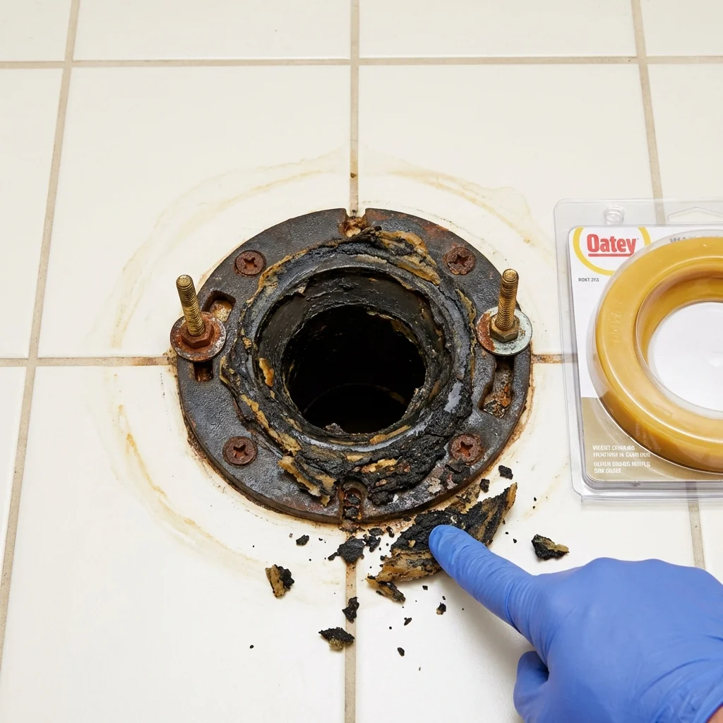 Failed wax ring showing water seepage at the base of a toilet in a Salem, IN home