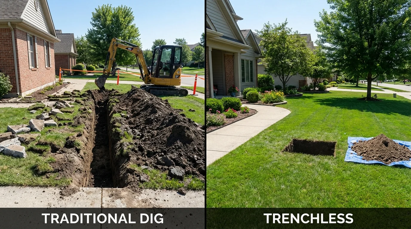 Trenchless sewer repair with minimal yard damage versus traditional excavation in Salem, IN