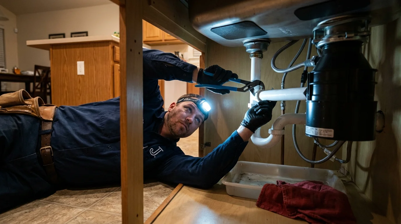 P-trap and supply line connections under a kitchen sink showing a common leak point in Salem, IN